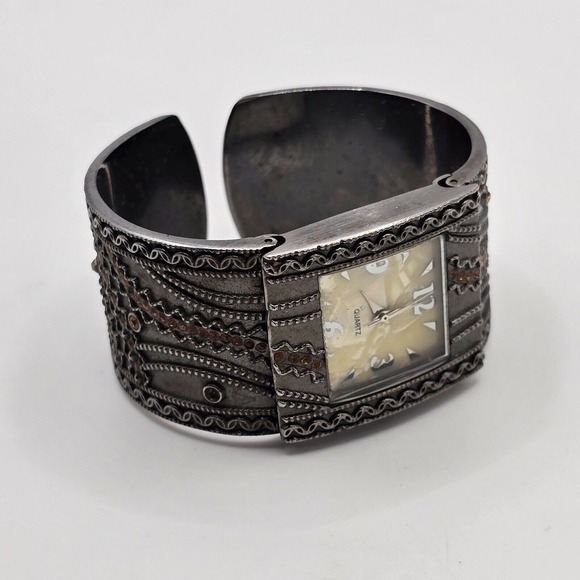 Vintage Avon Cuff Bracelet Watch Quartz Gun Metal Steampunk - Picture 2 of 12